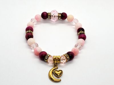 Moon w/ Heart Charm Peach Jade &amp; Pink Tiger&#39;s Eye