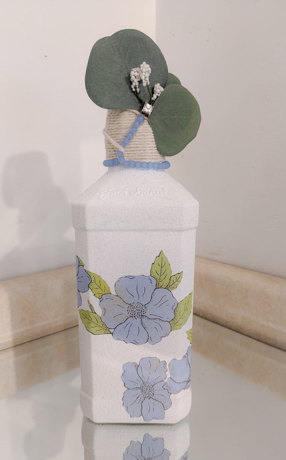 Perwinkle Blue Flowers Jack Daniel's Bottle Vase