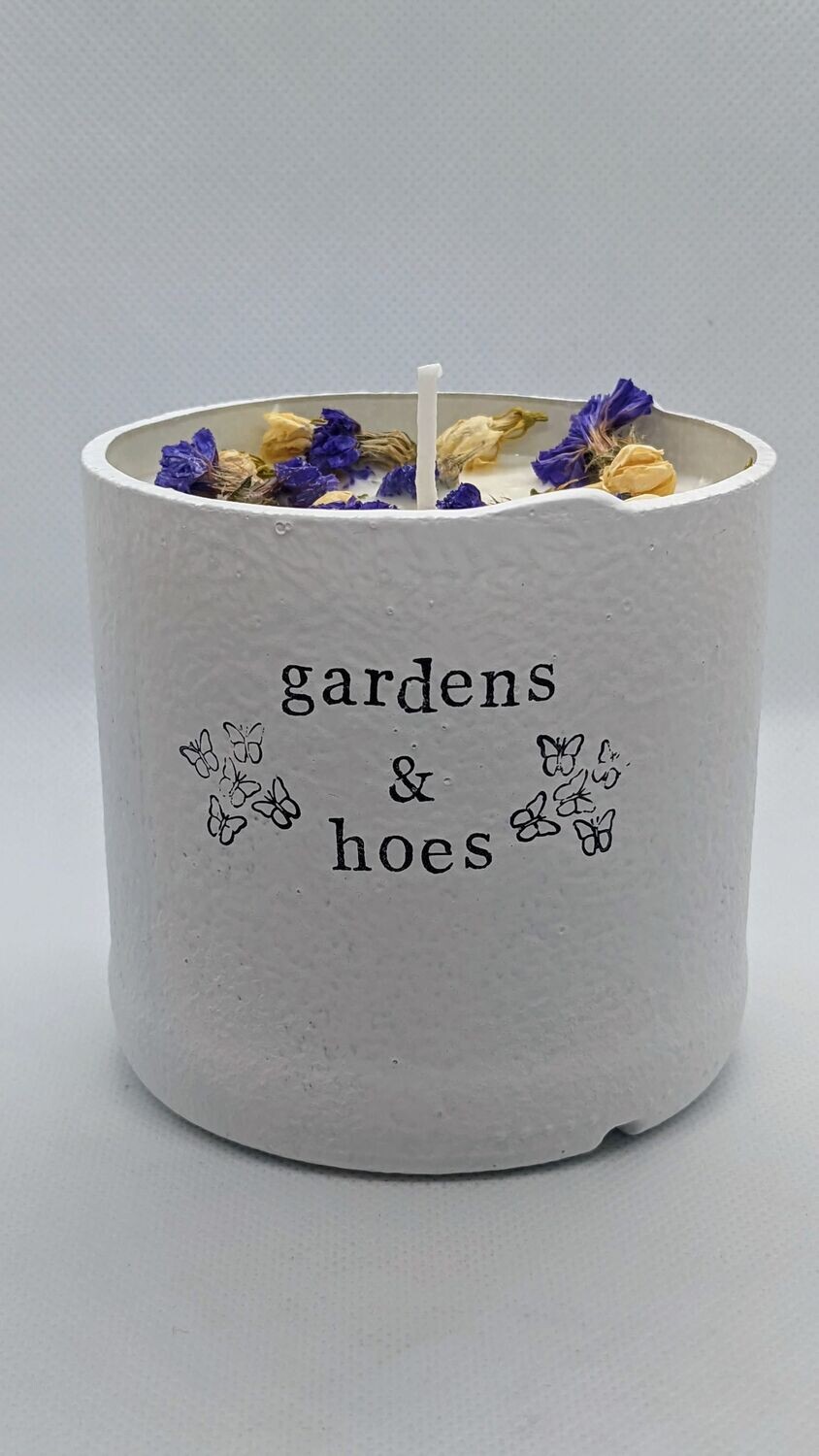 "Gardens & Hoes" toasty campfire scented soy wax candle with dried flowers and cotton wick
