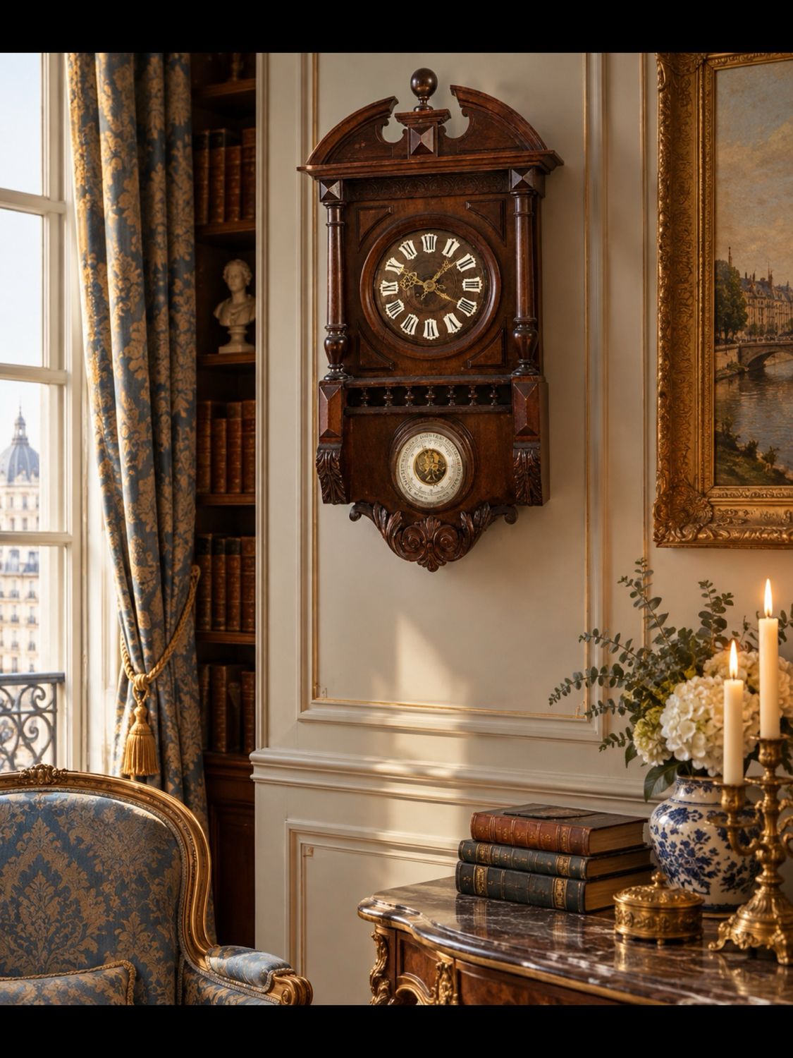 Circa 1860 French Carved Walnut Renaissance Revival Clock & Barometer