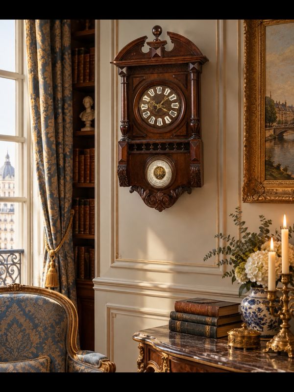 Circa 1860 French Carved Walnut Renaissance Revival Clock & Barometer