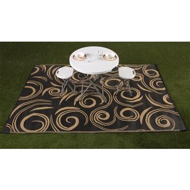 Faulkner 01-1198
Patio Mat; 12 Foot Length x 9 Foot Width; Black/ Beige Swirl Design; Polypropylene; Reversible Fabric; Mold And Mildew Resistant; Without Grommets/ Storage Bag; With Corner Tie-Downs