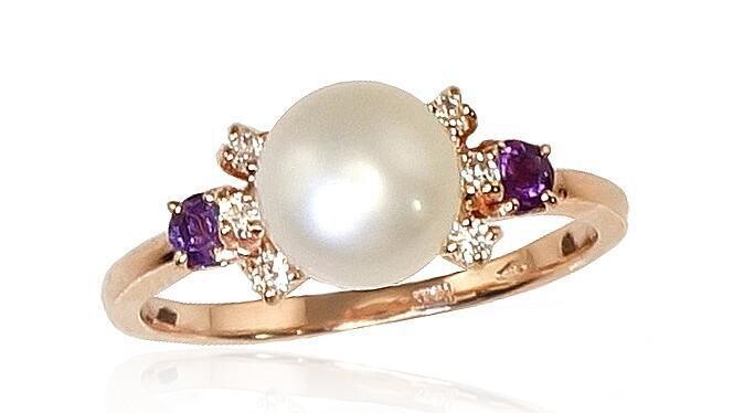 Auksinis žiedas moterims su Ametistu, kultivuotas perlais,