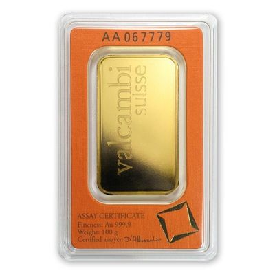 Anlagegoldbarren, Gewicht 100 Gramm, in einer Verpackung.