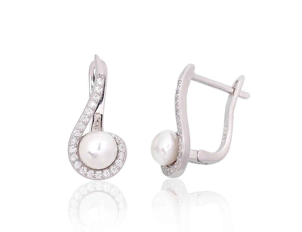 Silver earrings with &#39;english&#39; lock A2204153PRhGrCZPE Silver 925° Rhodium Plating Zirkons  Freshwater Pearl  &quot;English&quot; lock