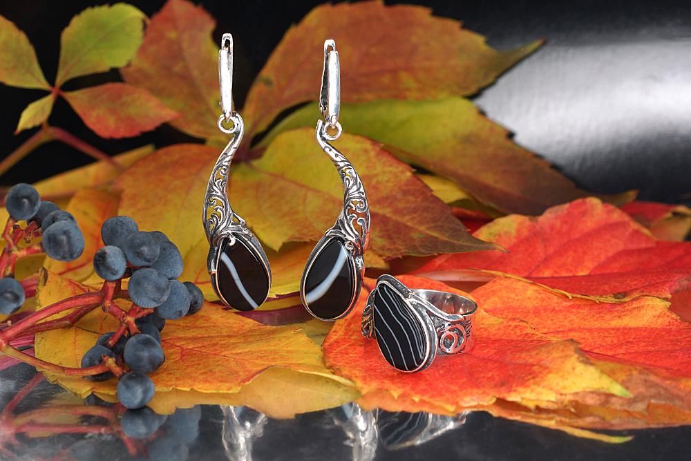 Silver ring A2101695POxBkAG Silver 925° oxide Plating Agate  &quot;KExclusive&quot;  collection