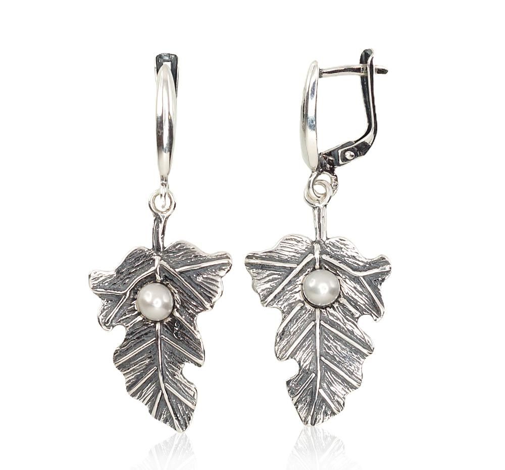 Silver earrings with 'english' lock A2202160POxBkPE Silver 925° oxide Plating Freshwater Pearl  "English" lock