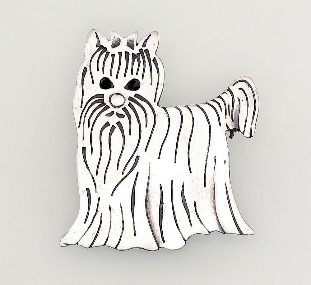 Silver brooch. Dog A2920138MattPOxMattBkCZBK Size 42 mm