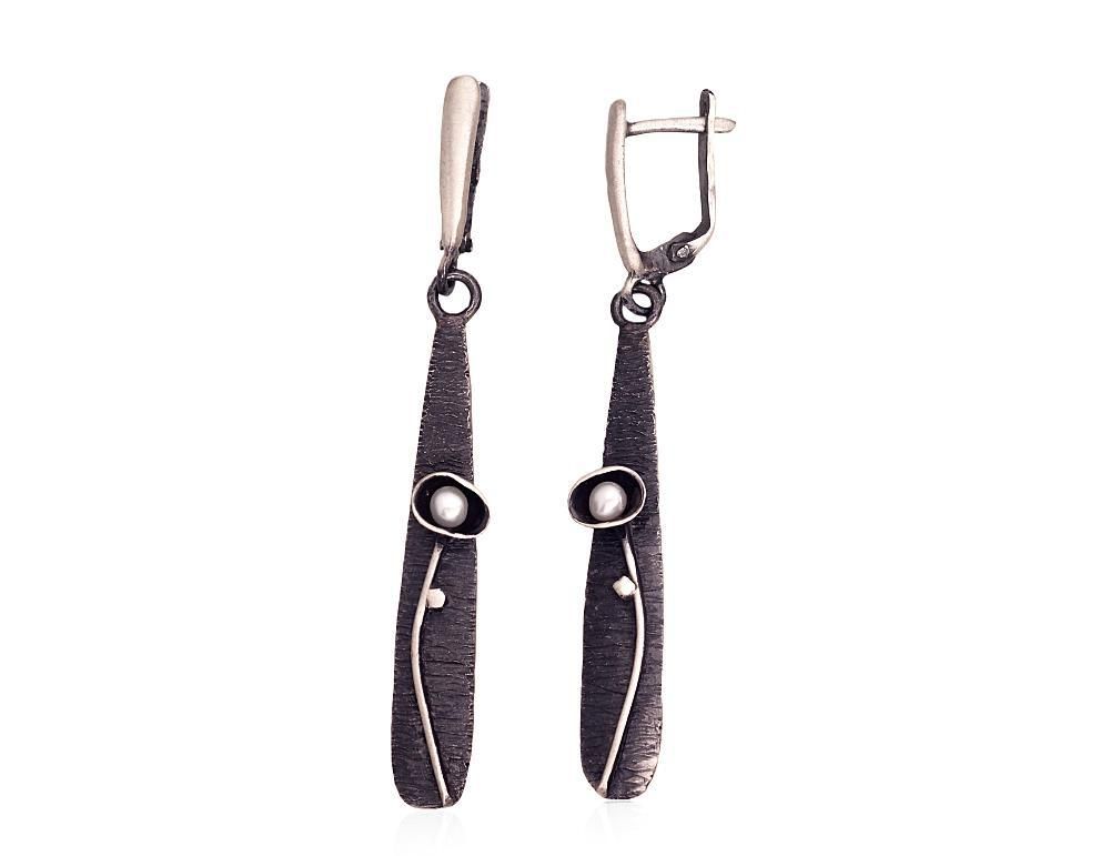 Long Dangling Silver Earrings A2203497MattPOxMattBkPE