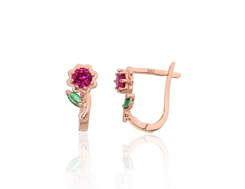Gold earrings for girls with red flower, green leaf, and English lock clasp