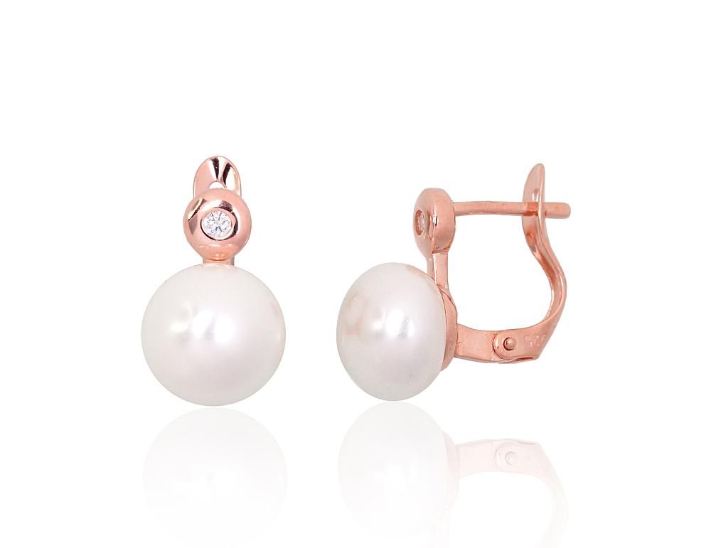 Silver earrings with 'english' lock A2204149PAuRCZPE Silver 925° red gold Plating Zirkons  Freshwater Pearl  "English" lock