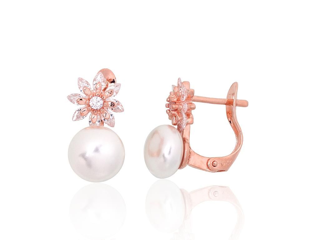 Silver earrings with 'english' lock A2204152PAuRCZPE Silver 925° red gold Plating Zirkons  Freshwater Pearl  "English" lock