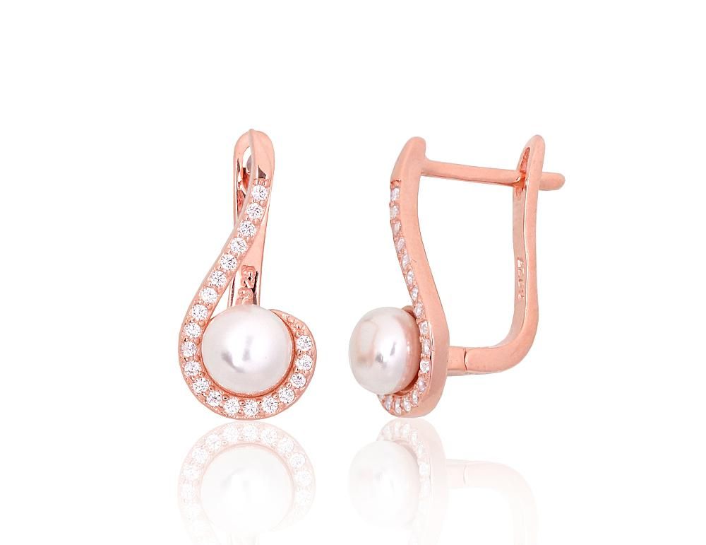 Silver earrings with 'english' lock A2204153PAuRCZPE Silver 925° red gold Plating Zirkons  Freshwater Pearl  "English" lock