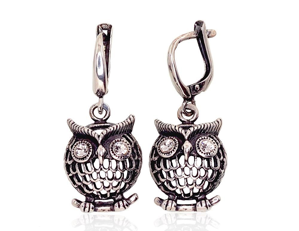 Silver earrings with 'english' lock A2201127POxBkCZ Silver 925° oxide Plating Zirkons  "English" lock