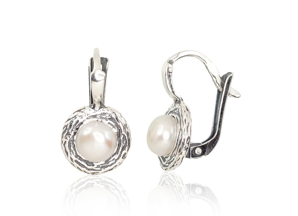 Silver earrings with 'english' lock A2202153POxBkPE Silver 925° oxide Plating Freshwater Pearl  "English" lock