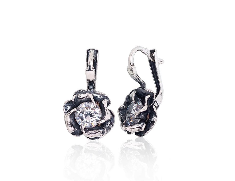 Silver earrings with 'english' lock A2203226POxBkCZ Silver 925° oxide Plating Zirkons  "English" lock