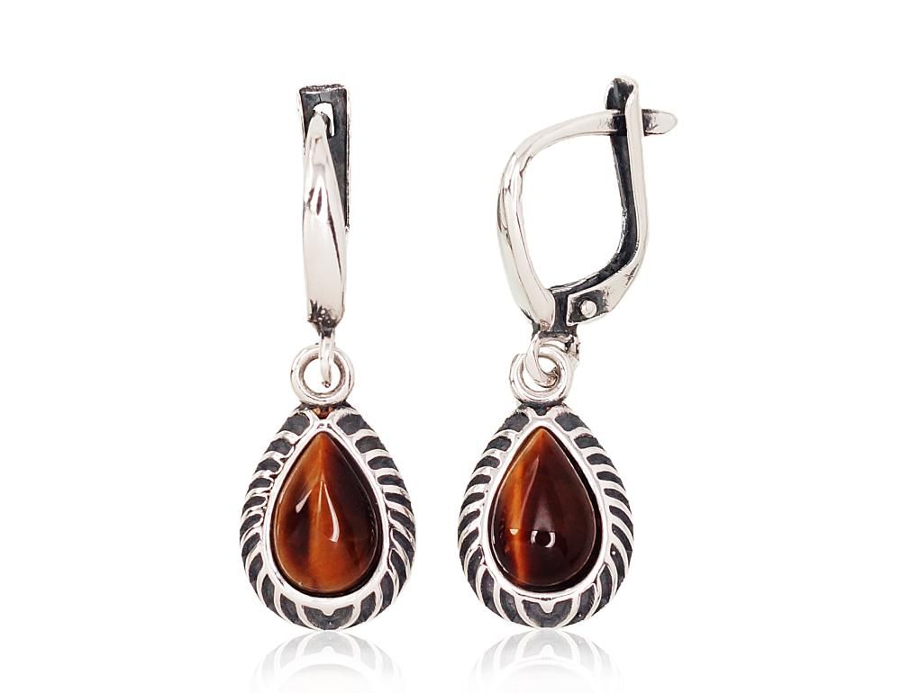 Silver earrings with 'english' lock A2202176POxBkTE Silver 925° oxide Plating Tiger eye  "English" lock