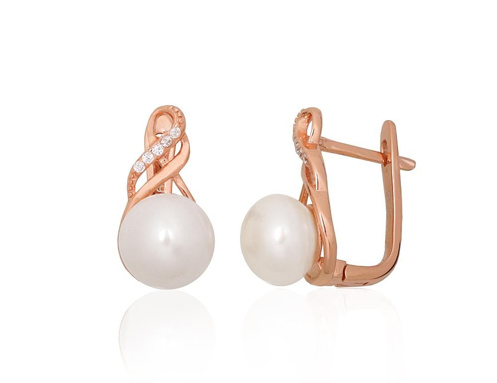 Silver earrings with 'english' lock A2204332PAuRCZPE Silver 925° red gold Plating Zirkons  Freshwater Pearl  "English" lock