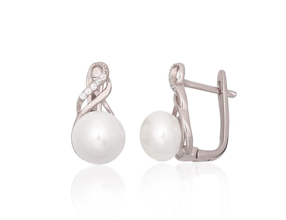 Silver earrings with 'english' lock A2204332PRhGrCZPE Silver 925° Rhodium Plating Zirkons  Freshwater Pearl  "English" lock