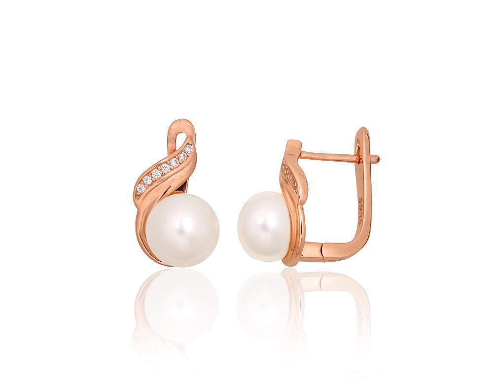 Silver earrings with 'english' lock A2204333PAuRCZPE Silver 925° red gold Plating Zirkons  Freshwater Pearl  "English" lock