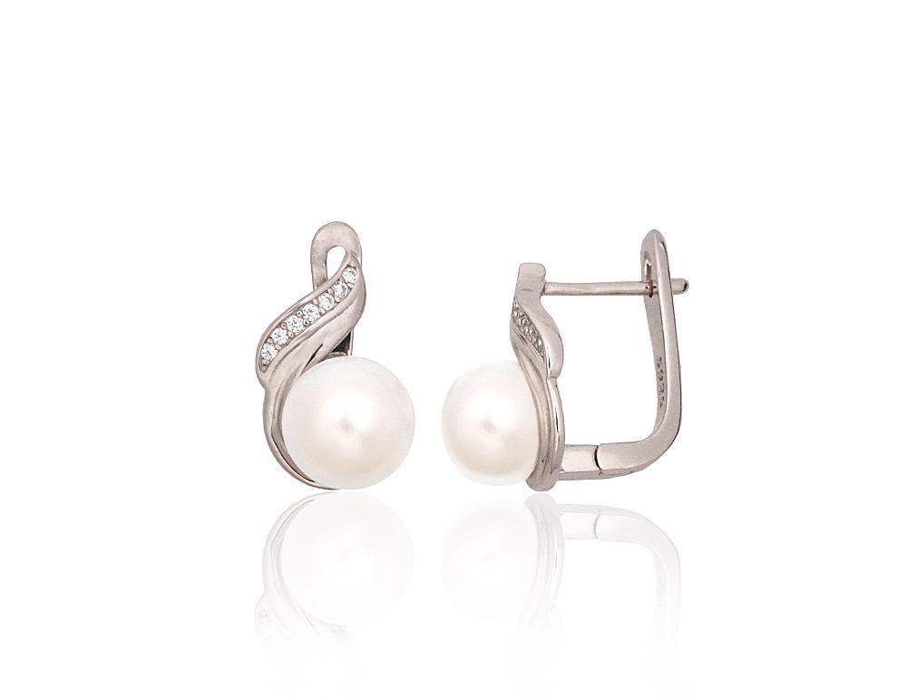 Silver earrings with 'english' lock A2204333PRhGrCZPE Silver 925° Rhodium Plating Zirkons  Freshwater Pearl  "English" lock