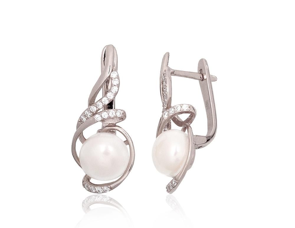Silver earrings with 'english' lock A2204334PRhGrCZPE Silver 925° Rhodium Plating Zirkons  Freshwater Pearl  "English" lock