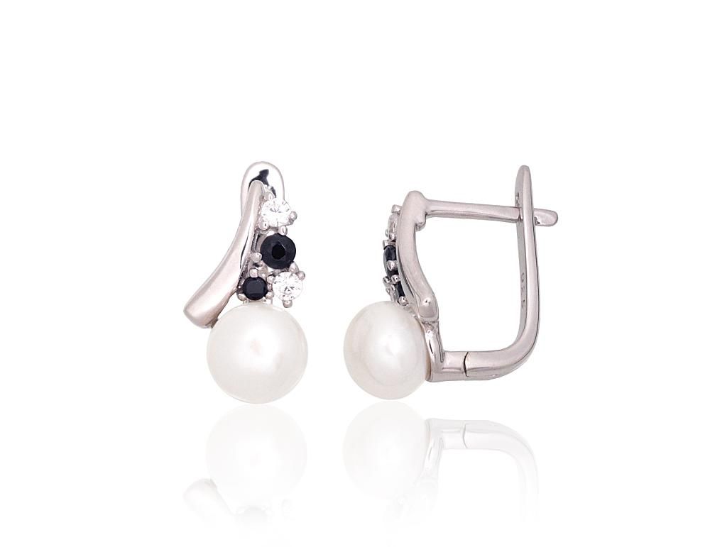 Silver earrings with 'english' lock A2204331PRhGrCZCZBKPE Silver 925° Rhodium Plating Zirkons  Freshwater Pearl  "English" lock