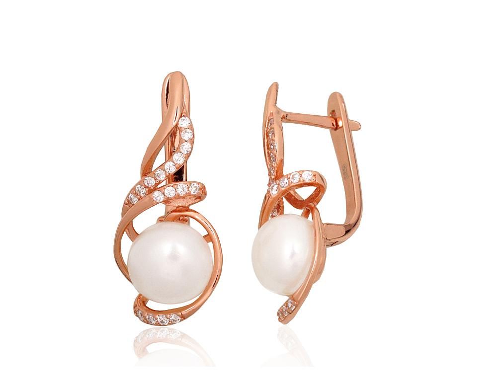 Silver earrings with 'english' lock A2204334PAuRCZPE Silver 925° red gold Plating Zirkons  Freshwater Pearl  "English" lock