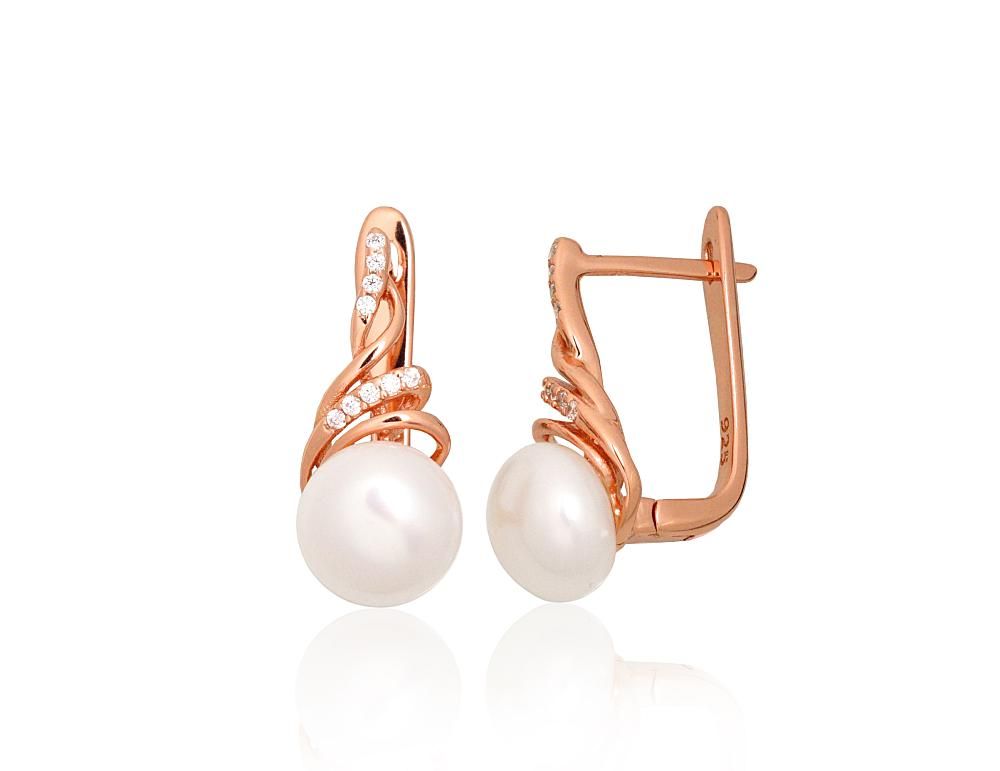 Silver earrings with 'english' lock A2204335PAuRCZPE Silver 925° red gold Plating Zirkons  Freshwater Pearl  "English" lock