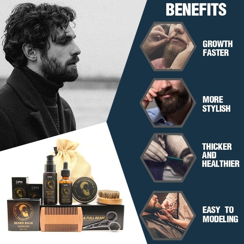 100% Pure Natural Profession Men Beard Care Kit 7Pcs/set Leave-in Conditioner Moisturizing Beard Growth Oil Grooming Health Gift