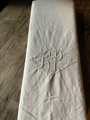 French Antique Linen Sheet ... BP Monagram.             Size 200cm X 220 cm