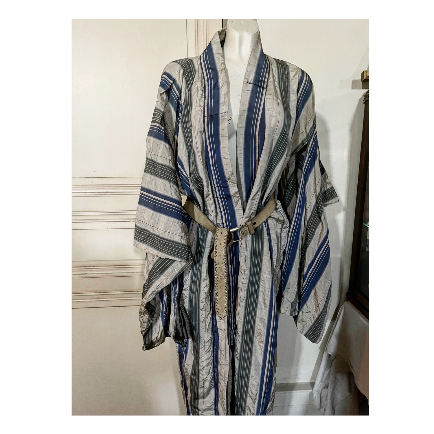 Antique Silk Coat / Gown One Size Blue Stripe