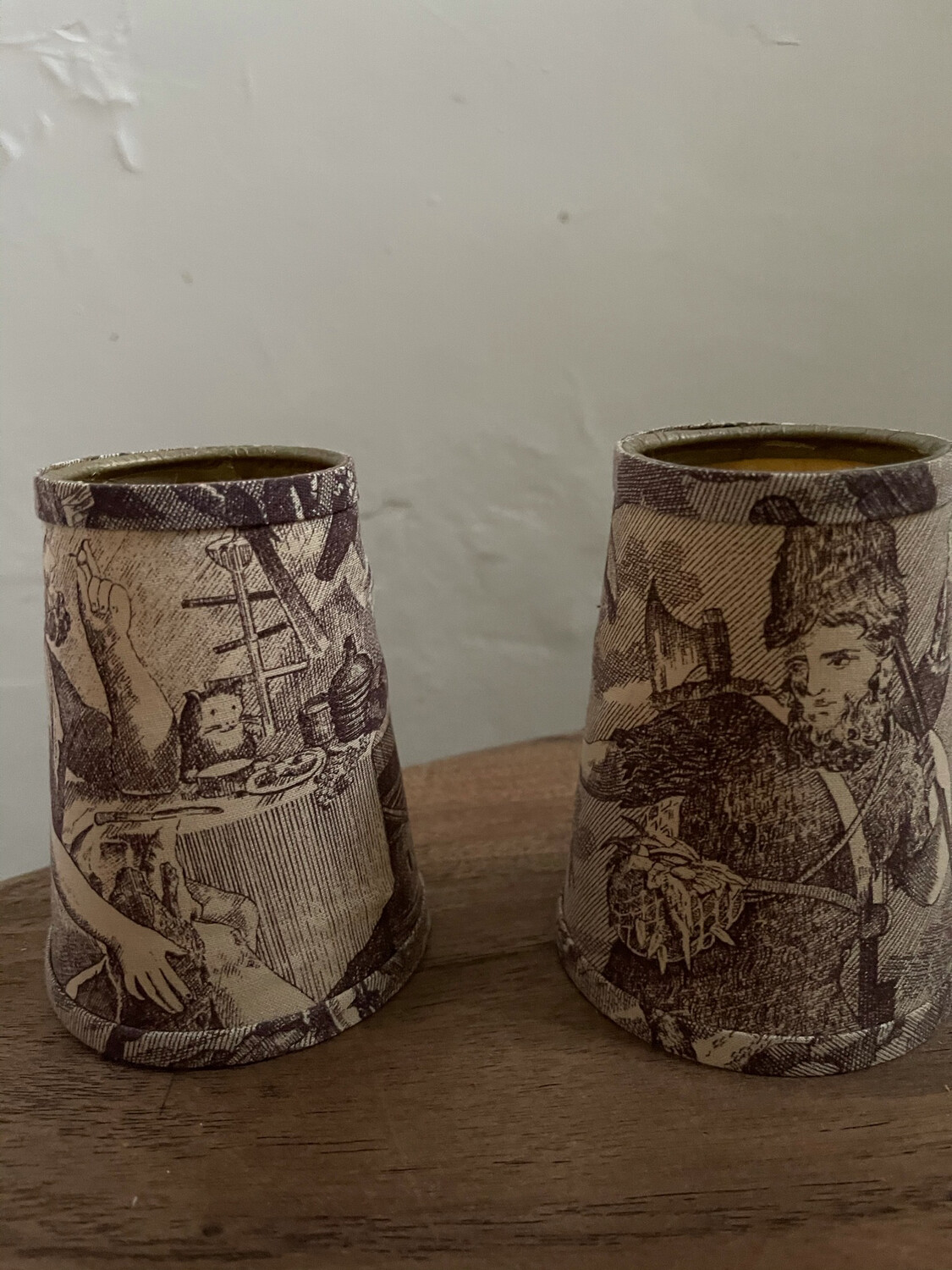 Pair Of Small Shades In Antique French Aubergine Fabric Toile De Jouy