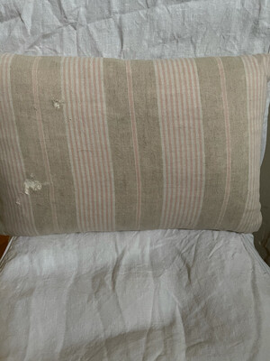 Pretty Small Cushion/pillow In Beautiful Faded Pink Antique Ticking .... Small Damage To Front But Very Adorable