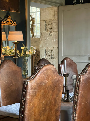 Set Of 12 English Leather Studded High Back Dining Chairs