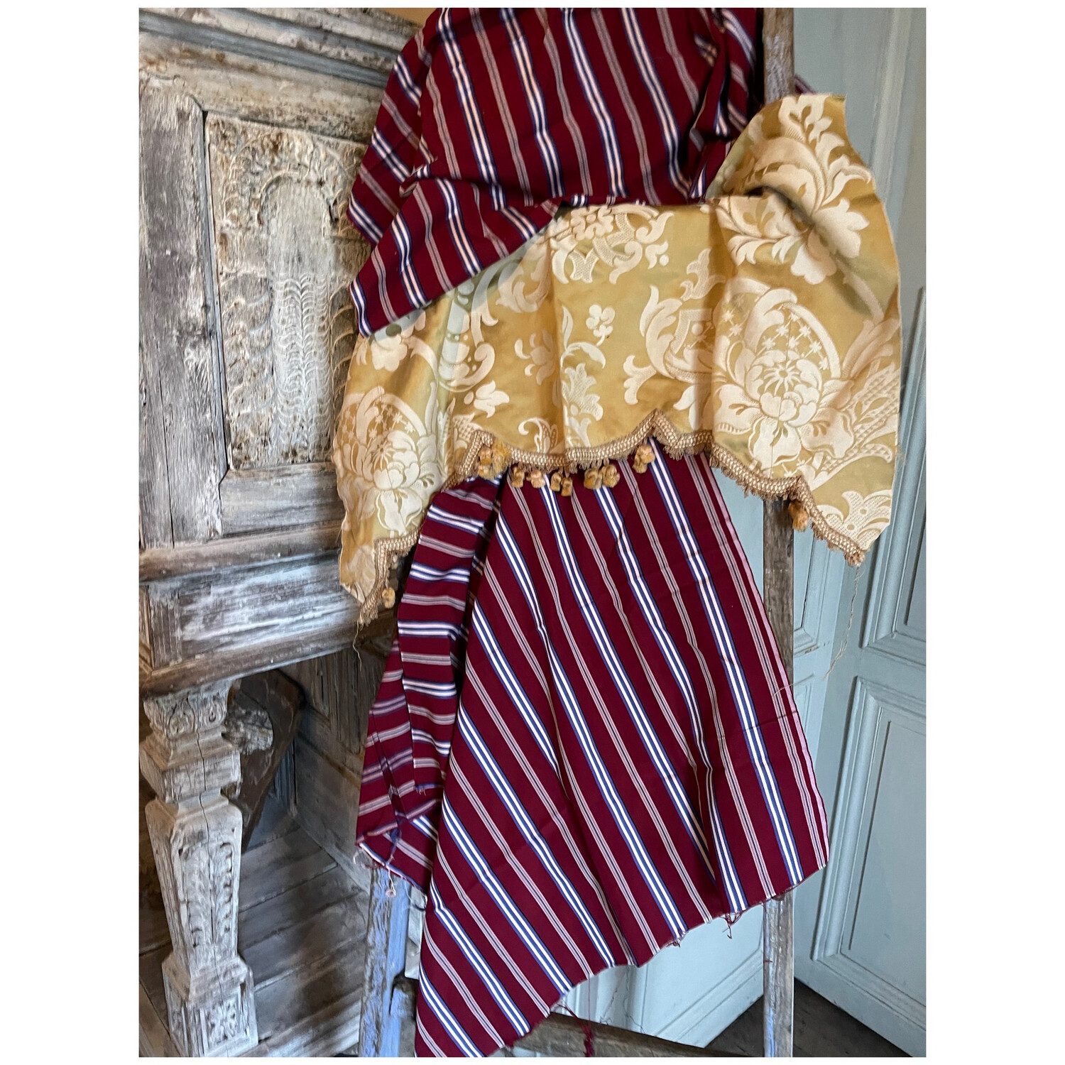 French Silk Pelmet In Damask And Lovely French Ticking X 2 Pieces