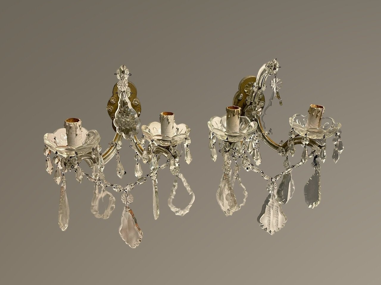 Antique Crystal Sconces, 1920s, Set of 2