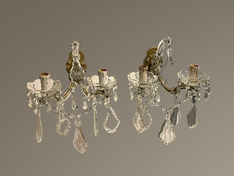 Antique Crystal Sconces, 1920s, Set of 2