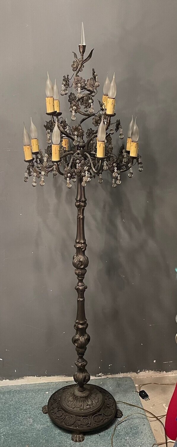 Italian Bronze and Crystal Flower Floor Lamp, 1950s