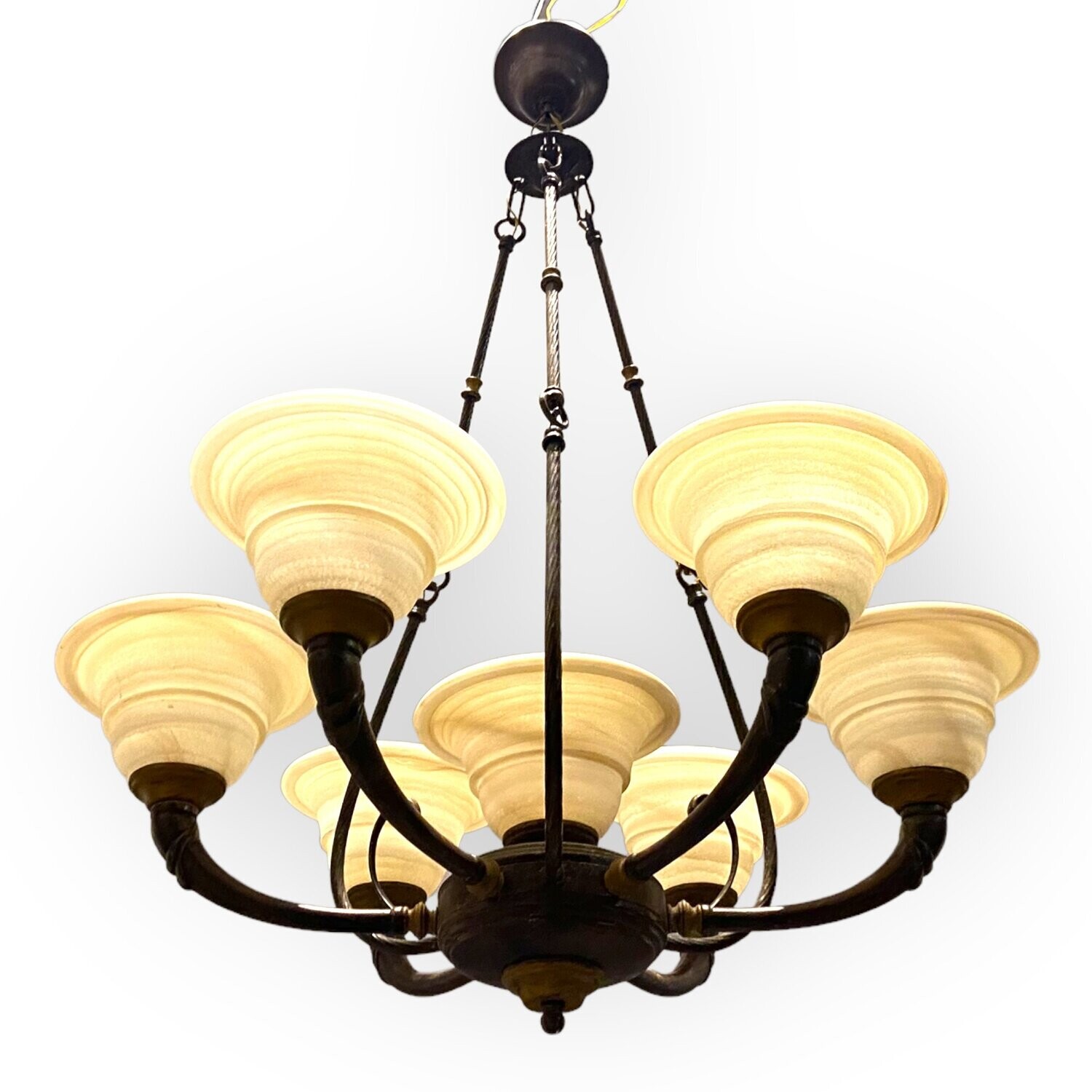 Italian Bronze Murano Glass Shade Chandelier, 1950s