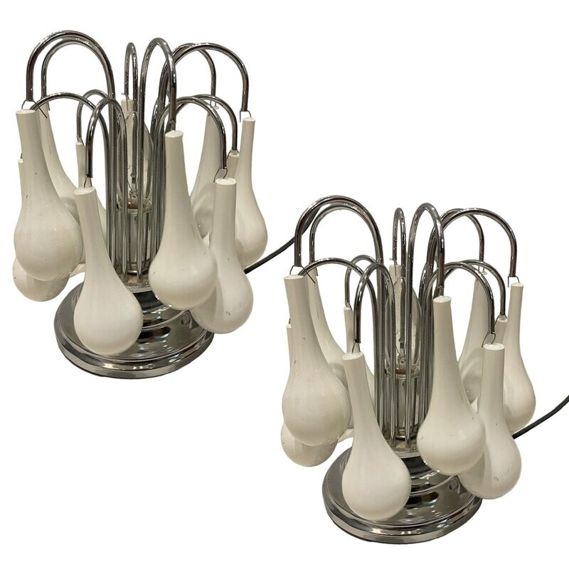 White Murano Glass Waterfall Table Lamps, 1970s, Set of 2