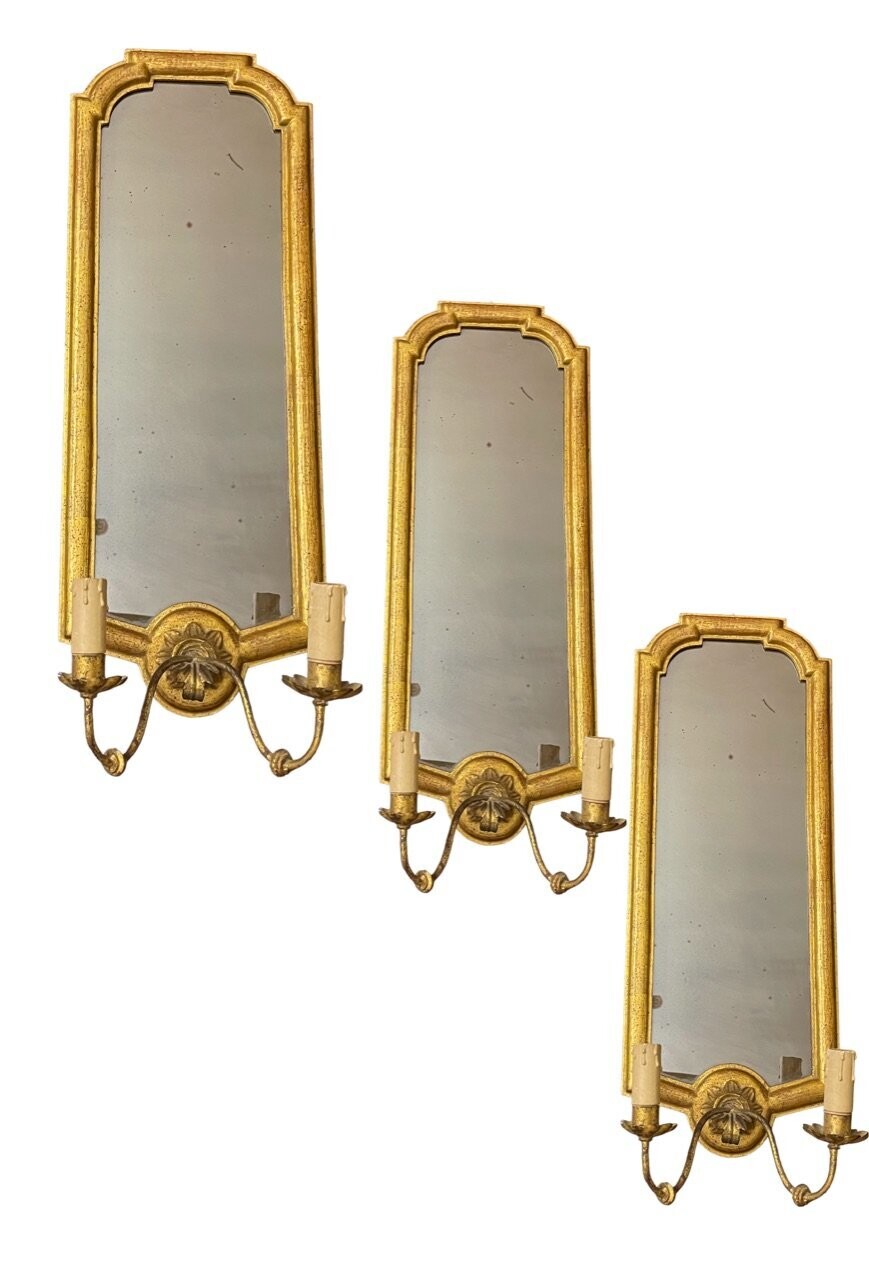 Wooden Gold Gilded Tole Mirrored Sconces, 1940s, Set of 3
