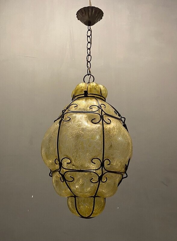 Wrought Iron Craquelè Murano Glass Latern Light Pendant , 1960s