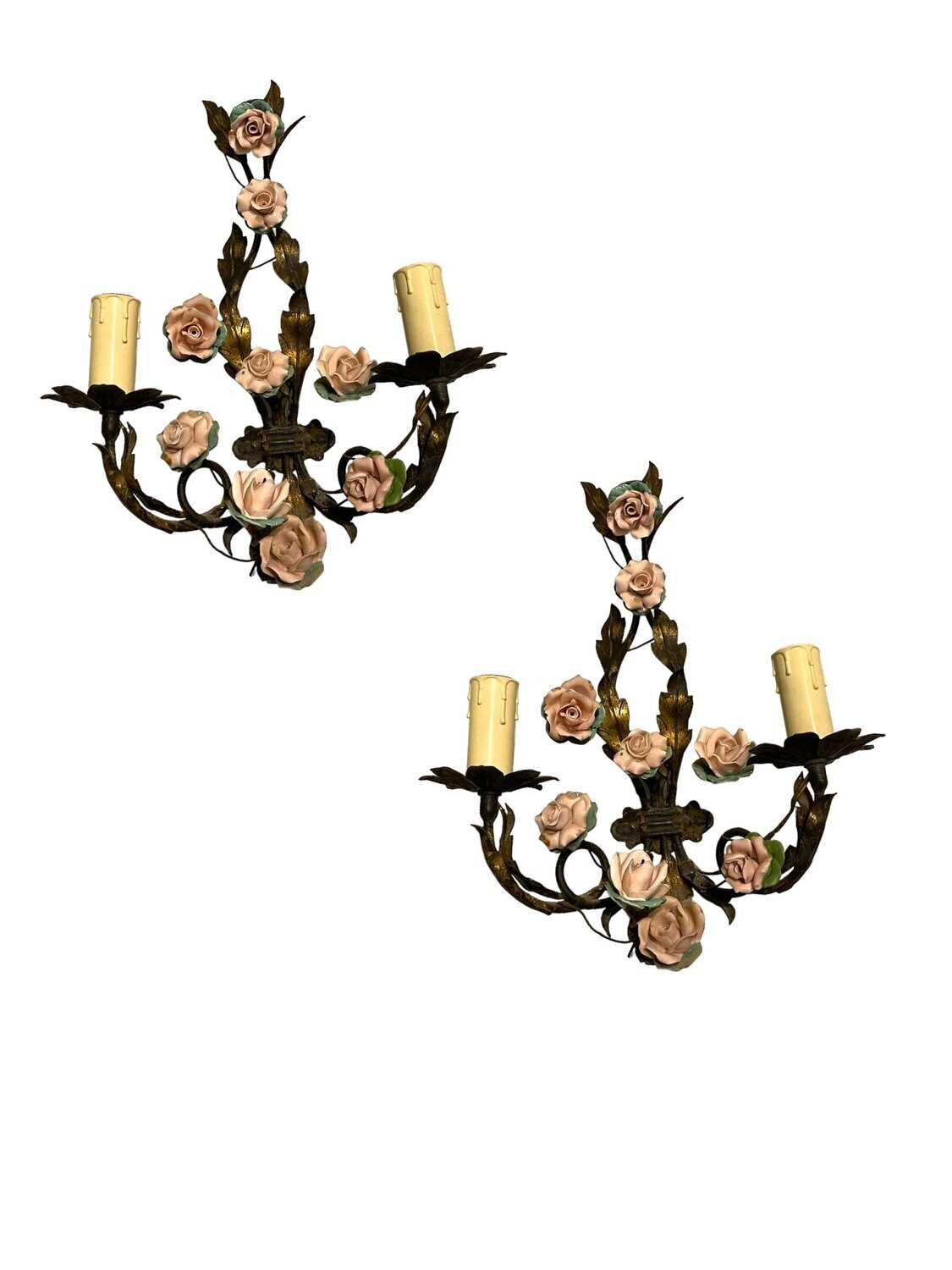 Vintage Tole Porcelain Rose Sconces, 1960s, Set of 2
