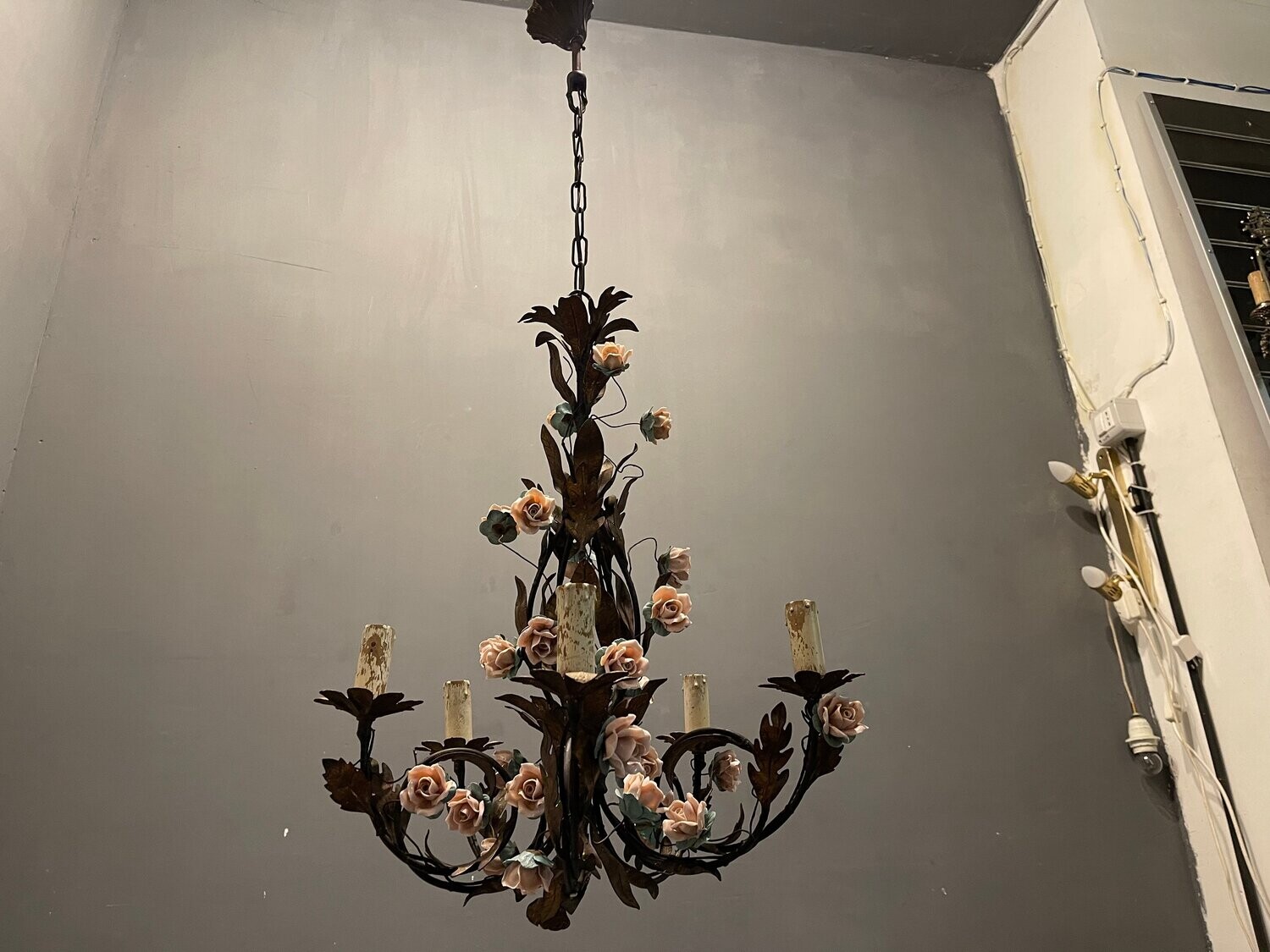 Tole Porcelain Rose Flower Chandelier, 1960s