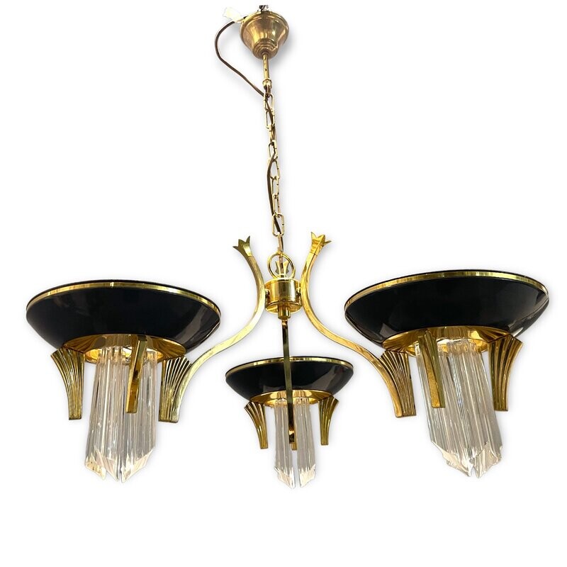 Mid-Century Italian Prism Chandelier in Brass and Murano Glass, 1970s