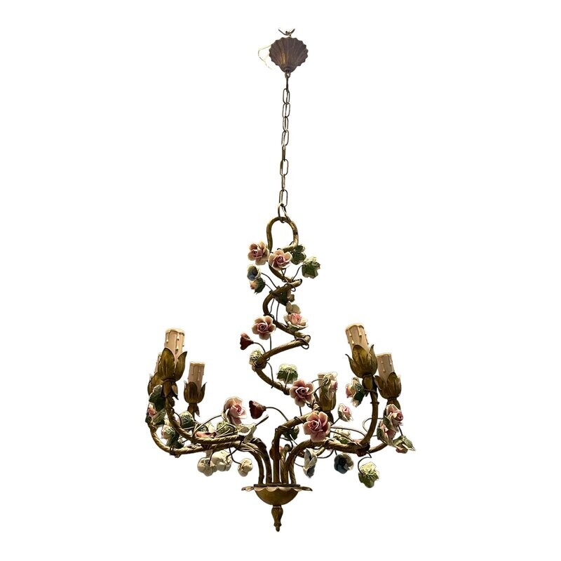 Italian Tole Ceramic Flower Chandelier, 1960s