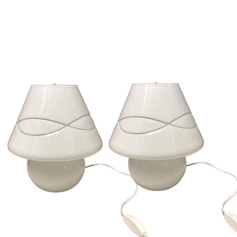 White Murano Glass Table Lamps, 1980s, Set of 2