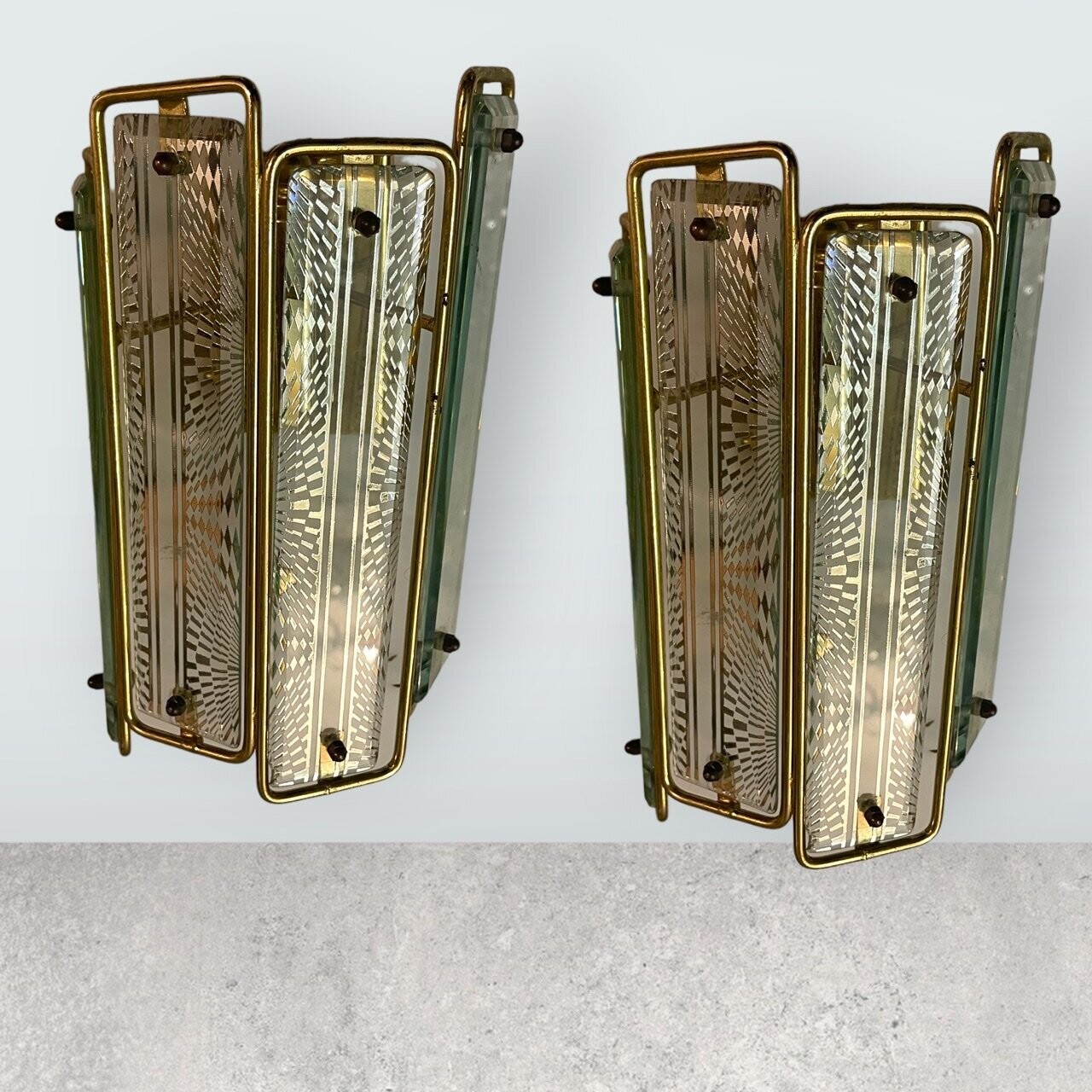 Italian Brass Glass Sconces, 1970s, Set of 2
