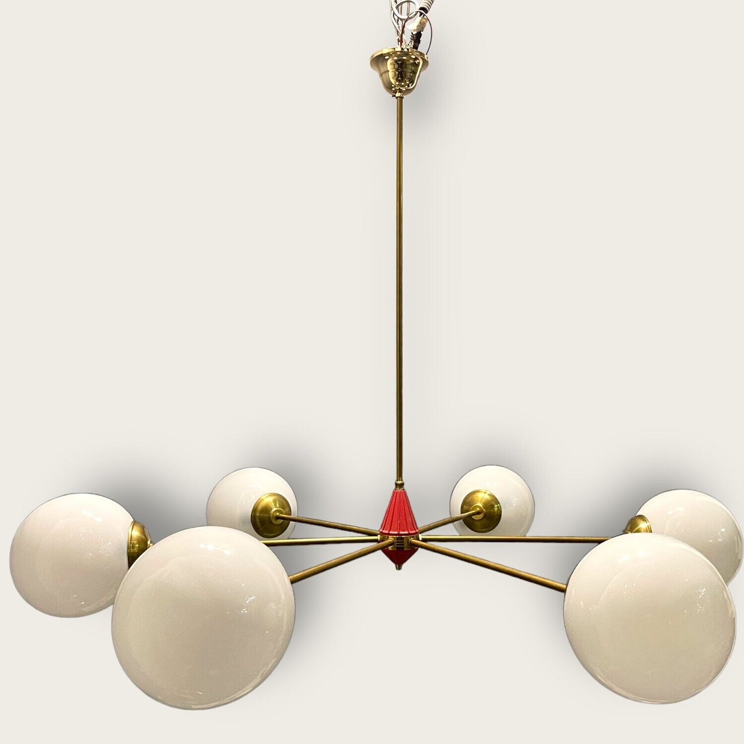 Italian Sputnik Brass Opaline Glass Chandelier, 1970s